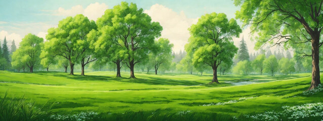 Wall Mural - Spring Nature. Beautiful Landscape. Green Grass and Trees