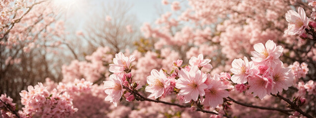  Spring border or background art with pink blossom. Beautiful nature scene with blooming tree and sun flare