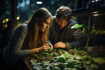 Poster - young biologists examine leaves under microscopes, marveling at the intricate structures that make u