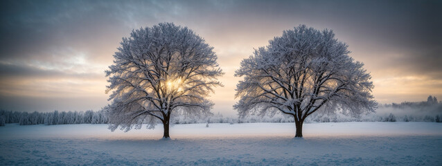 Wall Mural - Beautiful tree in winter landscape in late evening in snowfall