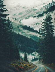 Canvas Print - Misty landscape with fir forest in hipster vintage retro style