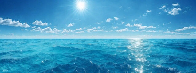 Poster - Blue ocean panorama with sun reflection, The vast open sea with clear sky, Ripple wave and calm sea with beautiful sunlight