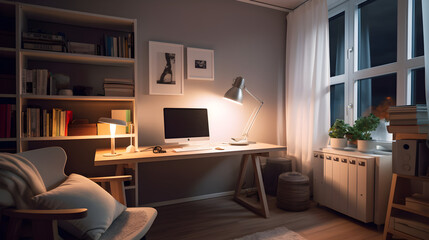 Cozy minimalist home office with soft serene ambiance. Modern interior design. Workplace, work-life balance, harmony. Laptop, desk and char furniture. AI generative.