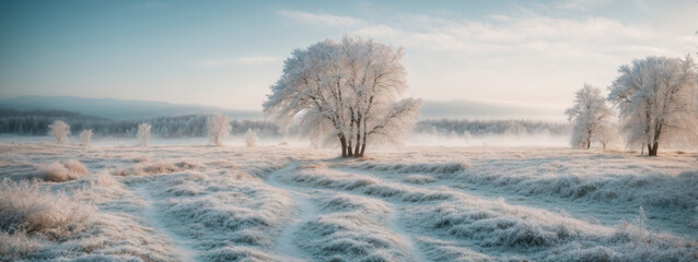 Poster - white wood covered with frost frosty landscape