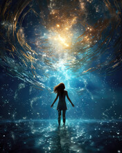 Young Woman In Dark Watery Space Surrounded By Stars And Nebula