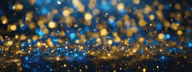 Wall Mural - blackground of abstract glitter lights. blue, gold and black. de focused. banner
