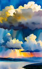 Wall Mural - Watercolor cumulus clouds over the sea.