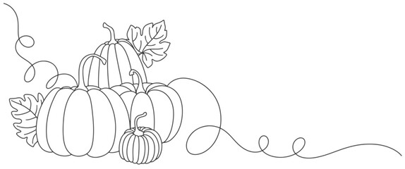 Wall Mural - Thanksgiving Day line art background, cornucopia and vegetables. Simple vector web banner. Pumpkin line art drawing for Thanksgiving Day.