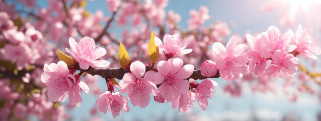 Wall Mural - Spring border or background art with pink blossom. Beautiful nature scene with blooming tree and sun flare