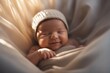 © Mikalai - Close-up portrait of a sleeping infant wearing a hat with a smile on his face, backlit by rays of sunlight