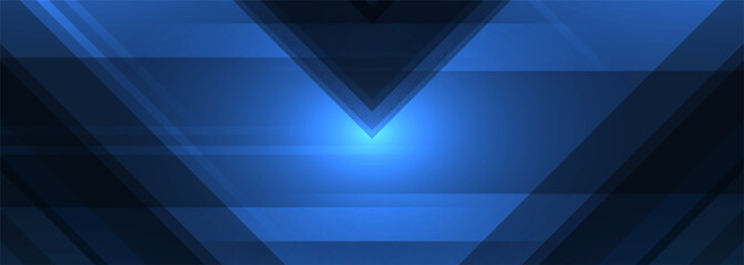 Abstract futuristic dark blue background with glowing geometric triangle shapes. Wide illustration vector banner.