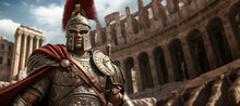 Majestic Gladiator: A Legendary Roman Gladiator In Glimmering Armor, Ready For Battle In The Colosseum.

