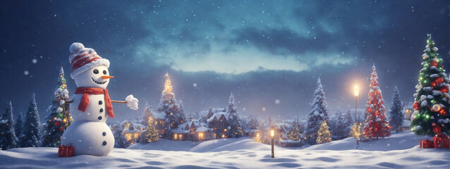 Wall Mural - Wishing You a Merry Christmas and a Happy New Year! Festive Greeting Card with Snowman in a Winter Wonderland