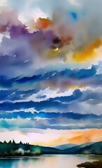 Wall Mural - Watercolor clouds over the lake.