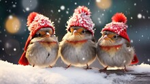 Funny Christmas Birds Wearing Adorable Little Red Hats, Coming Together In The Midst Of A Snowfall.