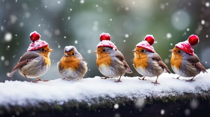 Wall Mural - funny Christmas birds wearing adorable little red hats, coming together in the midst of a snowfall.