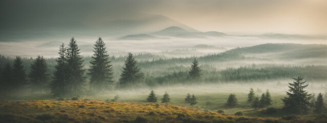 Canvas Print - Misty landscape with fir forest in hipster vintage retro style