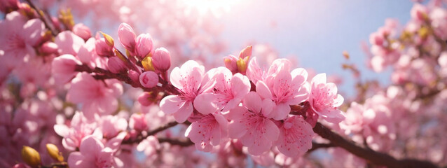 Wall Mural - Spring border or background art with pink blossom. Beautiful nature scene with blooming tree and sun flare