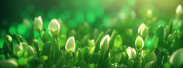 Poster - Spring background, abstract banner, green blurred bokeh lights