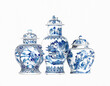 Blue and white chinoiserie. Blue and white chinese porcelain Ginger Jars on white background.