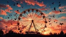 Ferris Wheel In Amusement Park And Sunset Clouds In Sky And Flying Birds Silhouettes.