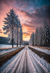 Wall Mural - Road leading towards colorful sunrise between snow covered trees with epic milky way on the sky