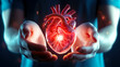 Man holding heart organ as medical study. Postproducted generative AI illustration.