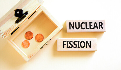 Wall Mural - Nuclear fission symbol. Concept words Nuclear fission on beautiful wooden blocks. Beautiful white table white background. Wooden chest with coins. Business science nuclear fission concept. Copy space.