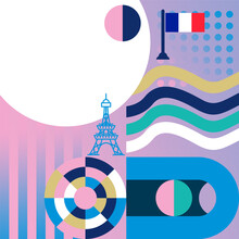 Social Media Paris Themed Banner Design. Geometric Decoration Celebration For National Day Of France Flag, Template For Wallpaper, Banner, Presentation, Background
