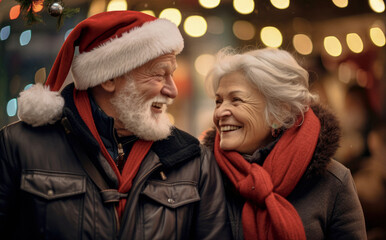 Wall Mural - Joyful Christmas Walk: Capturing the Heartwarming Moments of an Elderly Couple Enjoying a Leisurely Stroll Amidst Festively Adorned Streets.

