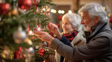 Wall Mural - Christmas Traditions: Capturing the Heartwarming Scene of an Elderly Couple Decorating a Christmas Tree, Continuing Beloved Holiday Customs.

