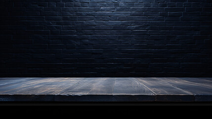 Wall Mural - Empty wooden table in front of black brick wall for Minimal product display