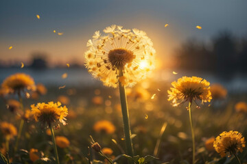 Canvas Print - Golden sunset and dandelion, meditative zen background