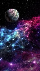 Wall Mural - A colorful animated web nebula with an alien planet rotating in the distance.
