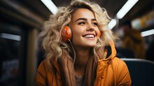 Young Woman In Earphones Listening To Music And Smiling In A Subway. Generative AI