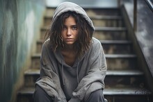 Young Depressed Teenage Woman In A Hoodie In A Difficult Life Situation Sits On The Stairs Of Social Housing