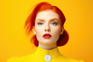 Poster - Stylish red-haired girl on a yellow background.