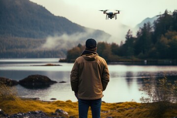 Poster - A man launches a quadcopter in the summer.