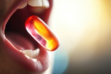Poster - open mouth with flying medicine capsule.