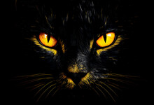 Bright Glowing Cats Eyes Against A Dark Background. Halloween Eyes