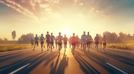 A group of people running down a road