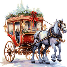 Watercolor Horse Carriage, Merry Christmas Clipart Illustration, Created With Generative AI Technology