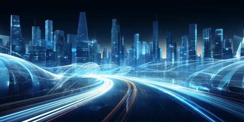 Fototapete - Abstract Cityscape with Blue Lights and a Transport Offense on the Blue Highway