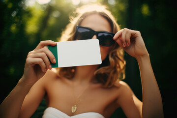 Poster - Girl in white dress and dark glasses with a white card in her hand.