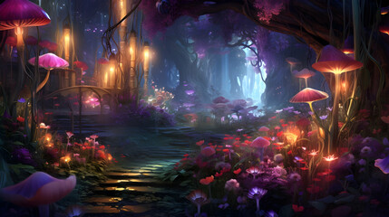 Magical fairy fantasy wood, large trees, flowers and mushrooms, late at night