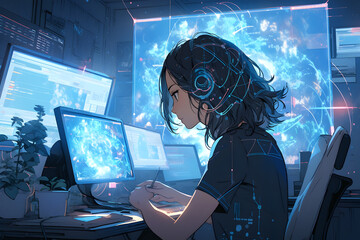 A young asian girl sits at a computer and works with a neural network. The concept of artificial intelligence and modern technologies.