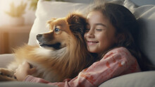 Pure Happiness: Cheerful Young Girl Embracing Her Beloved Pet Dog On The Couch, Embodying The True Essence Of Friendship.