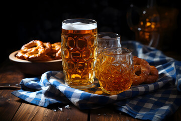 Wall Mural - Oktoberfest beer mugs and pretzels on a wooden table with traditional towel.