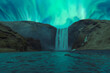 Powerful waterfall flowing through rocky slope under northern lights