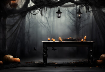 Wall Mural - empty black halloween table mockup with pumpkins, lantern, candles, spooky decoration and dark mysti